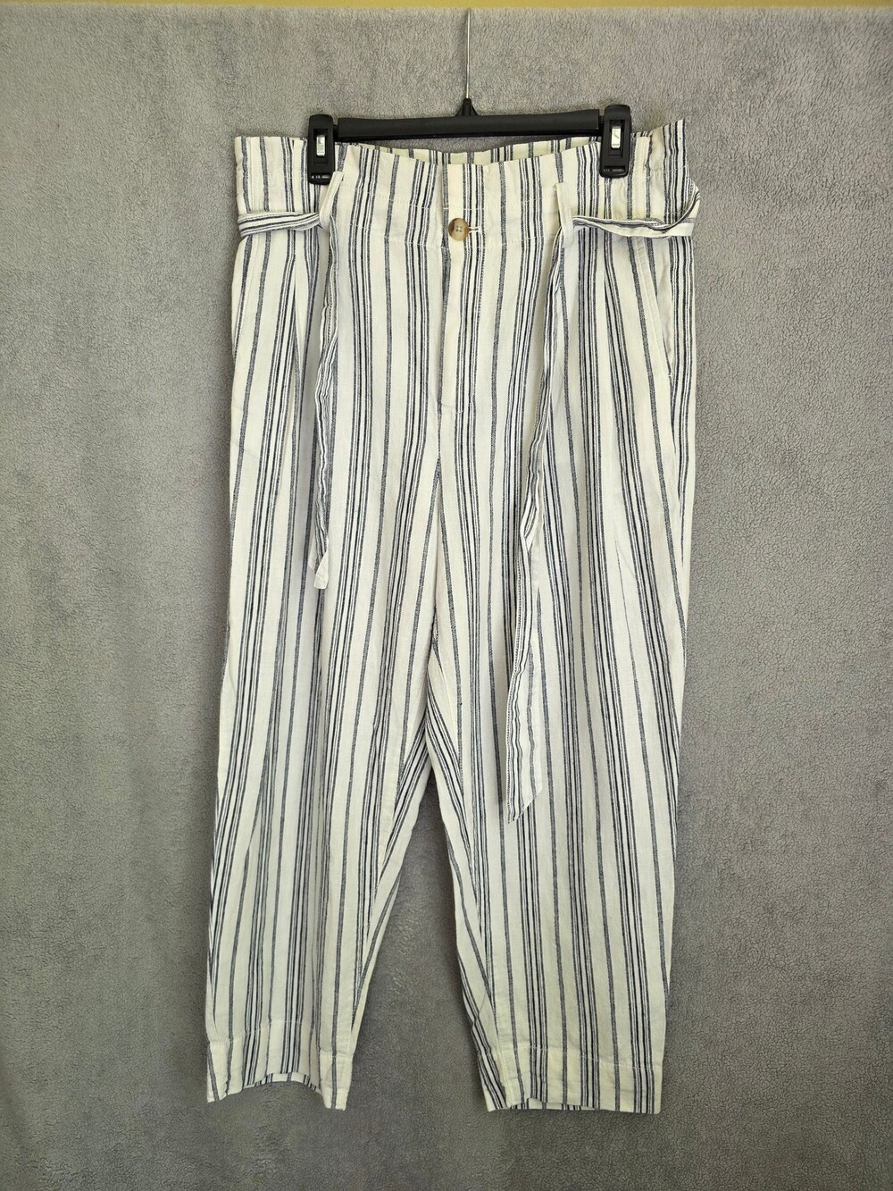 Madewell Paperbag Waist Cropped Pants Size 10 White Navy Striped